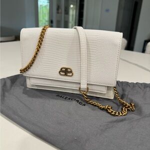 Balenciaga White Lizard Textured Leather BB Chain Crossbody
